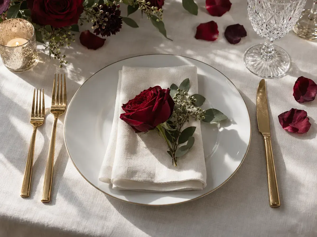 Elegant table setting with a red rose, white linen and gold accents