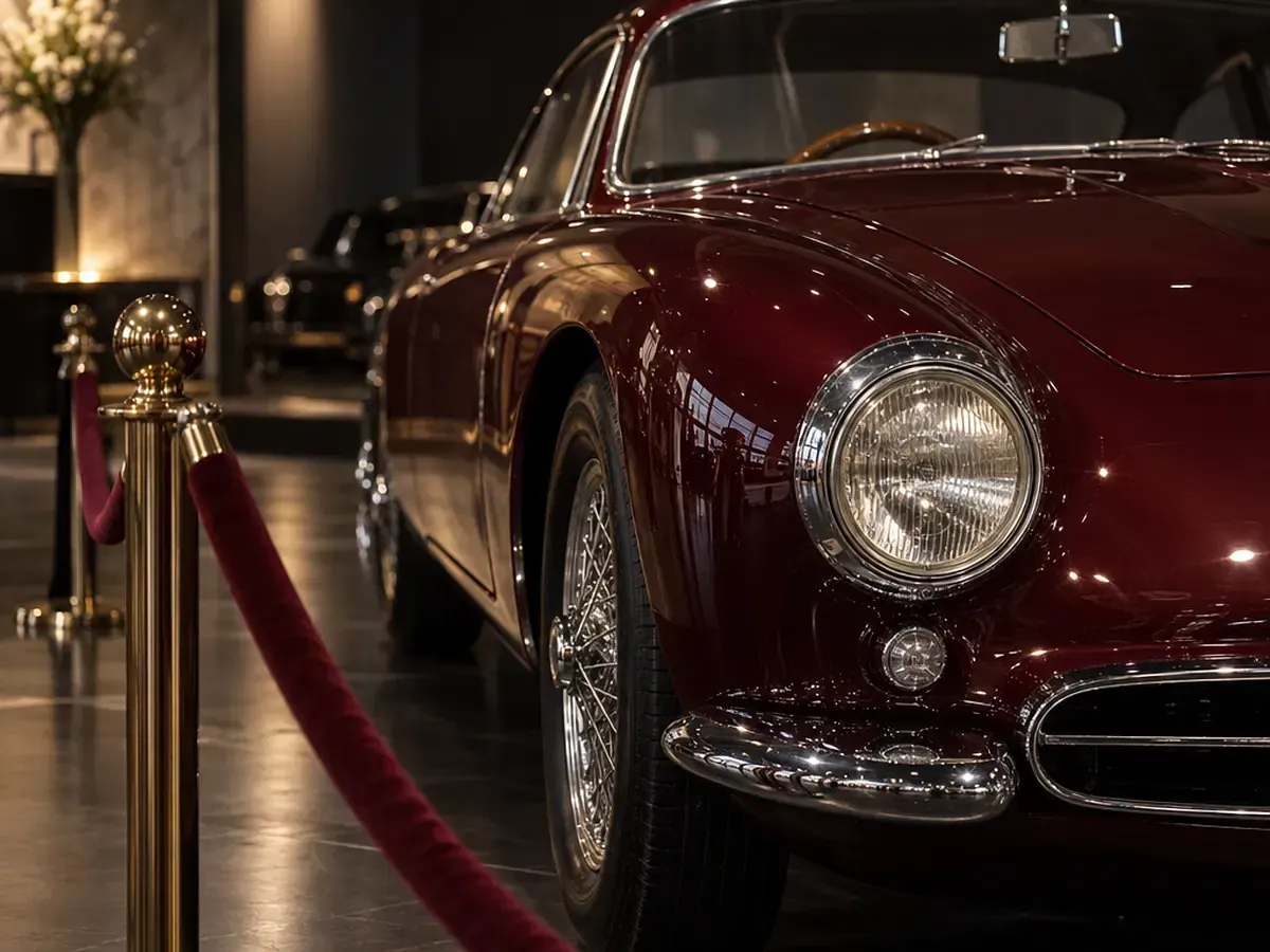 Classic maroon sports car displayed in a showroom