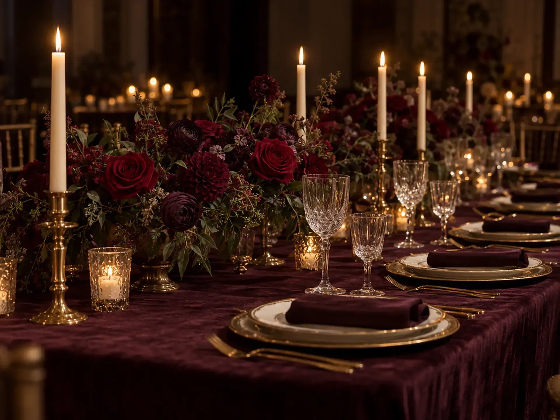 A candlelit event table with burgundy florals and crystal glassware