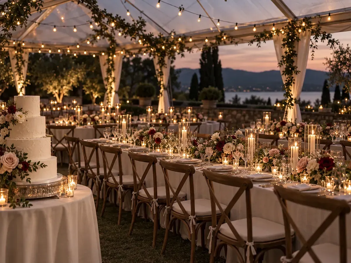Elegant outdoor wedding reception under a candlelit tent